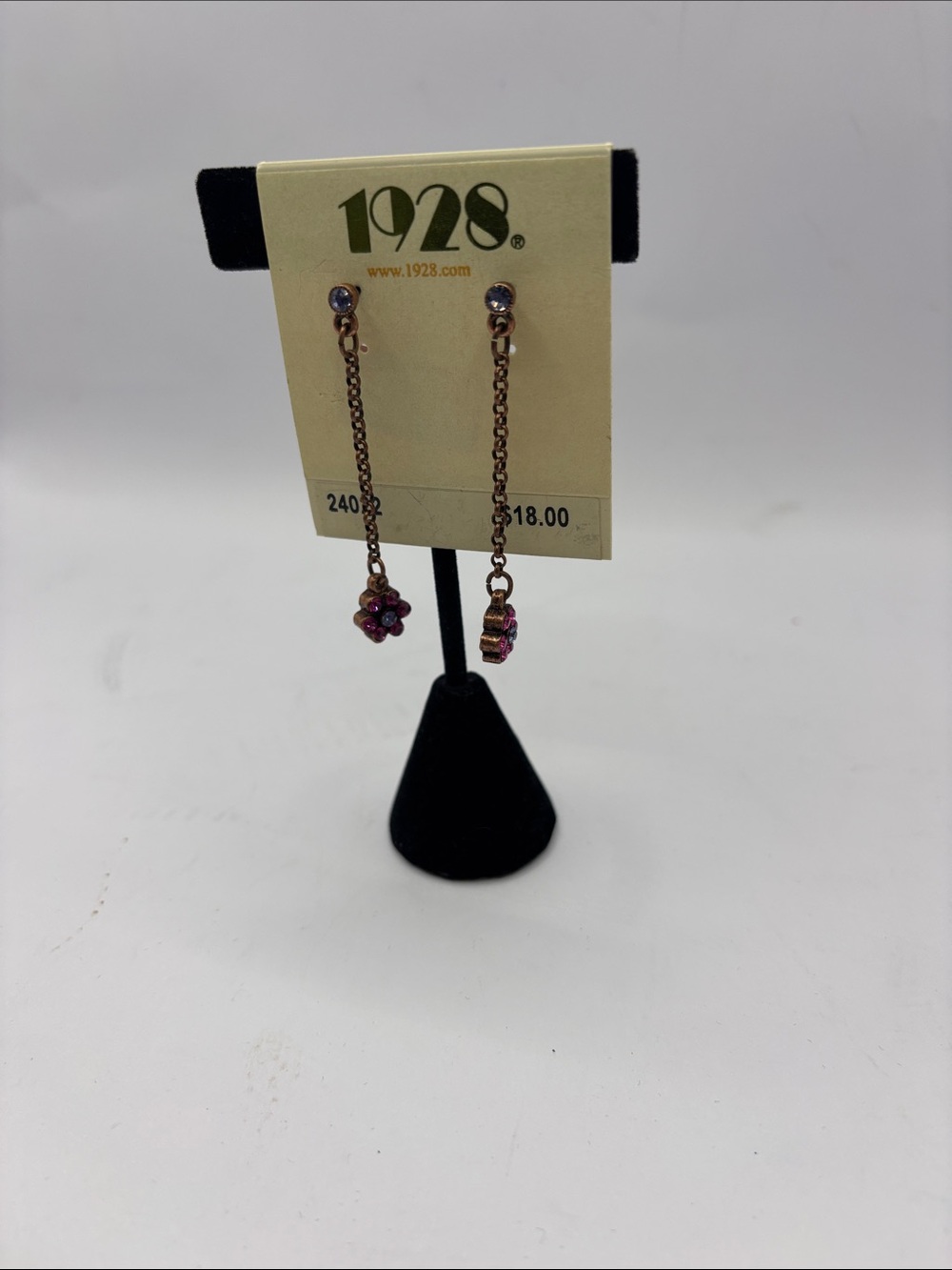 1928 Rose Gold-Tone Drop Earrings with Pink Crystal Flowers